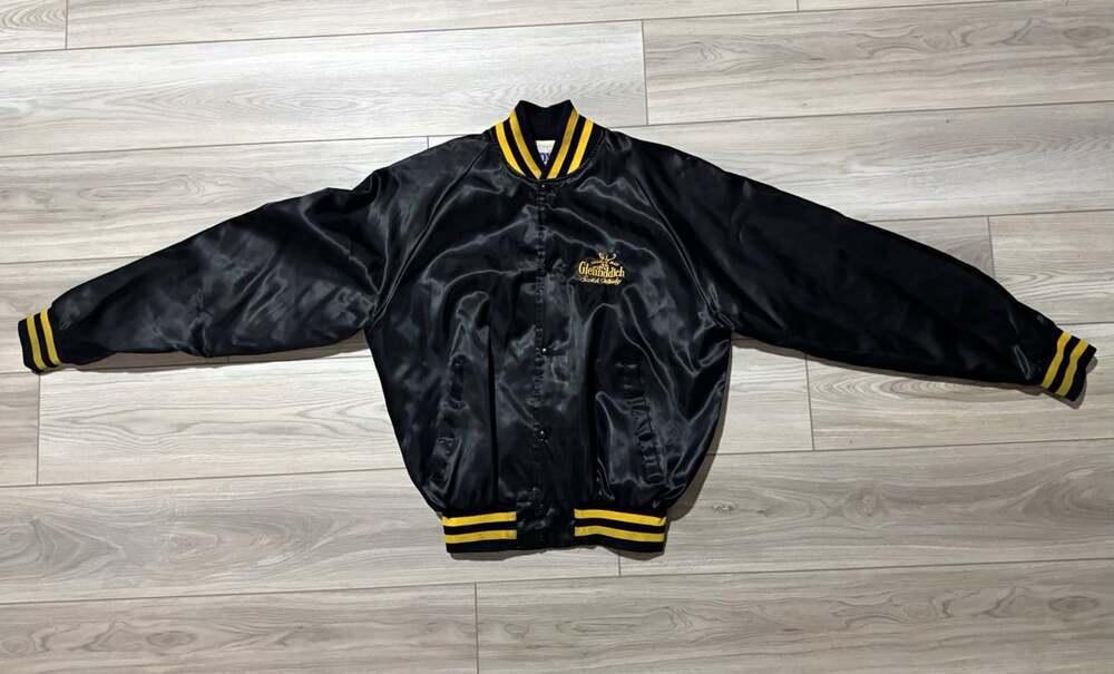 Vintage 80s 90s Glenfiddich Scotch Whisky Satin Bomber Jacket MVP Mens L Black
